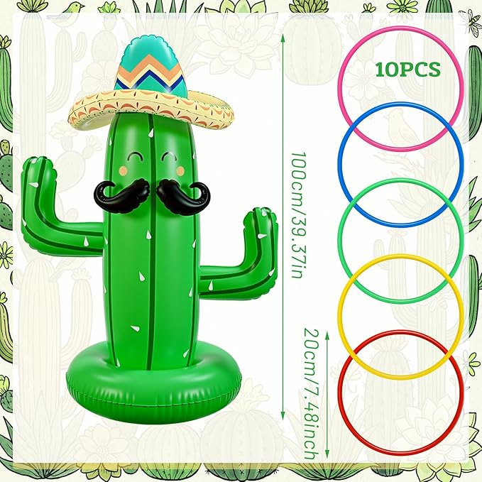 Hungdao 40 Inch Mexican Inflatable Cactus Ring Toss Game Set, Target Toss Party Games with 10 Pcs Rings Floating Summer Activity for Mexicano Fiesta Outdoor Beach Decor Cinco De Mayo Party