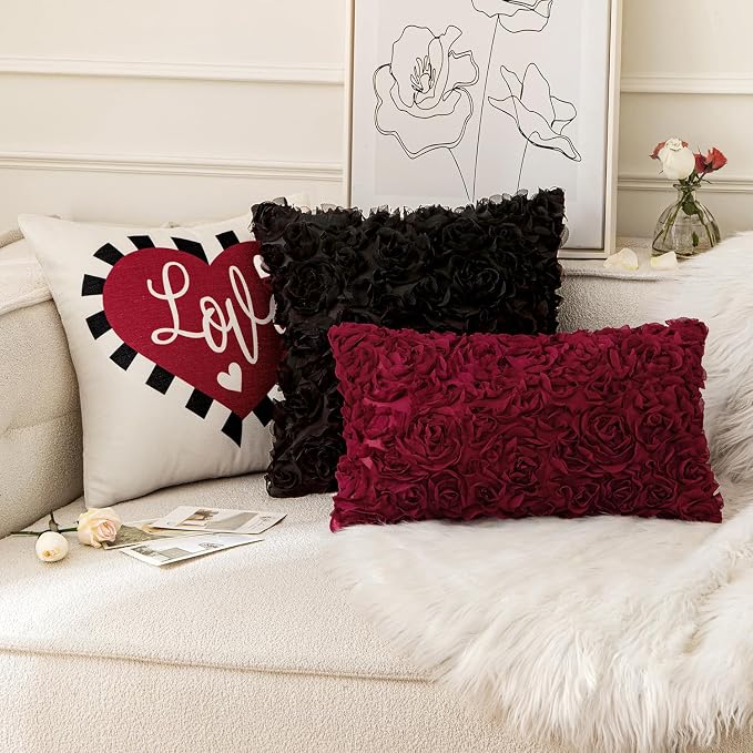 MIULEE Decorative Rose Flower Pillow Cover Pack of 1 Wine Red 12x20 Inch | Cute Romantic Stereo Chiffon Throw Pillow Cover Aesthetic Solid Pillowcase for Girl Coquette Room Decor Coach Bedroom
