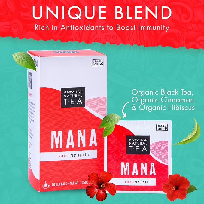 Mana Hibiscus Herbal Black Tea - All Natural Wellness Tea, Refreshing, Uplifting and Energizing with Cinnamon & Mint - Supports Immune Health 20 Bags