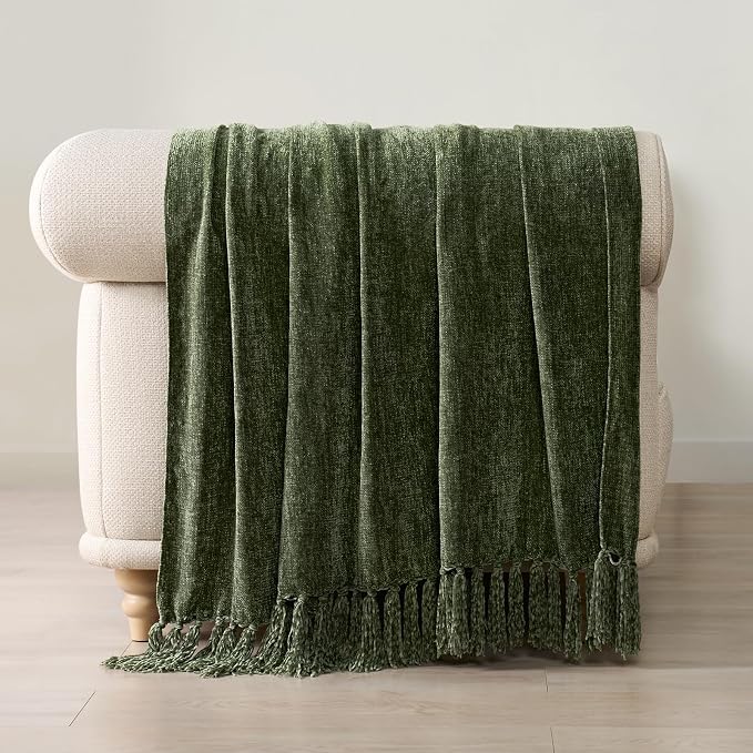 Chenille Knit Throw Blanket for Couch, 60"x80", Olive Green | Cozy Plush Fuzzy Knittd Throw with Tassels, Lightweight, Decorative, Farmhouse Decor, Ideal for Bed Sofa Gift, All Seasons