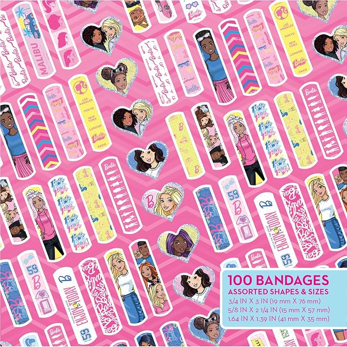 Barbie Antibacterial Kids Bandages, 3 Assorted Sizes 100 CT | Wear Like Stickers, Flexible Adhesive Bandages for Minor Cuts, Scrapes, and Burns. Great Gift idea for Kids