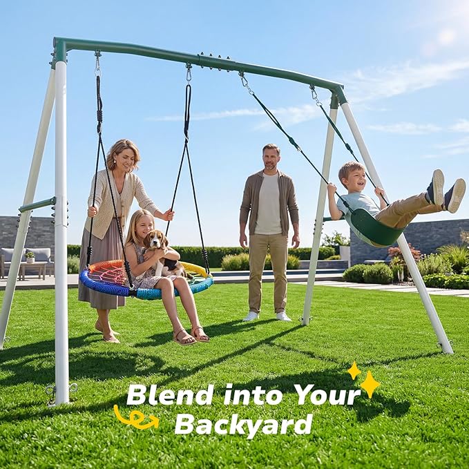 Hapfan 7.5ft Tall Swing Sets for Backyard, 500lbs Heavy Duty Metal Swing Set for Kids and Adults with Spider Swing and Belt Swing, A-Frame Outdoor Swingset Play Equipment (Green and White)