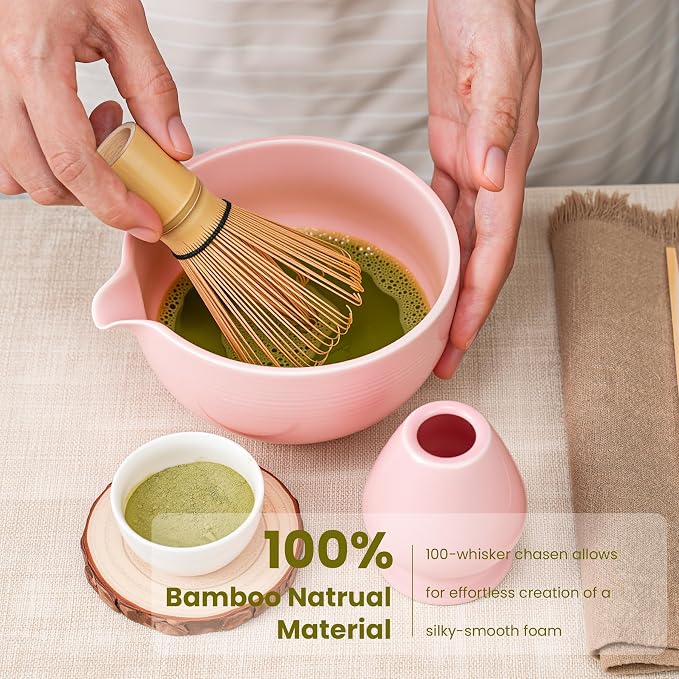 Matcha Whisk Set, Ceramic Bowl Matcha Kit & Handcrafted Bamboo Chasen, Complete 5 Pcs Matcha Set Whisk and Bowl, Stainless Steel Sifter, Bamboo Scoop & Holder for Matcha Lovers