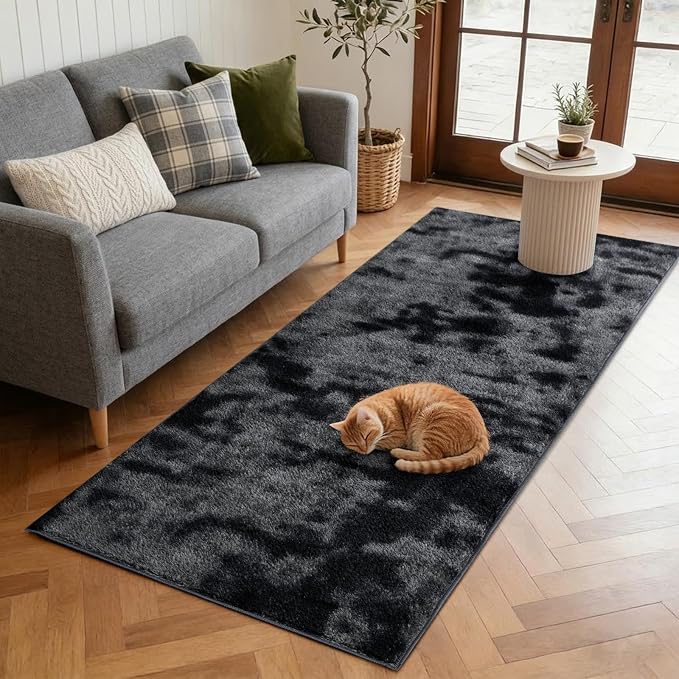 FinRèc 2x6 Washable Runner Rugs for Kitchen Hallway Bedroom, Low Pile Thin Ultra Soft Shag Rug, Non-Slip Carpet Indoor for Home Decor (Tie-dye Dark Grey)