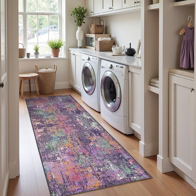 RELEANY Washable Runner 2'x8' Abstract Area Rug for Hallway Purple Multi | carpet for kitchen, entryway, bathroom, living room, bedroom, printed pattern, non-slip, soft, stain-resistant, easy to clean