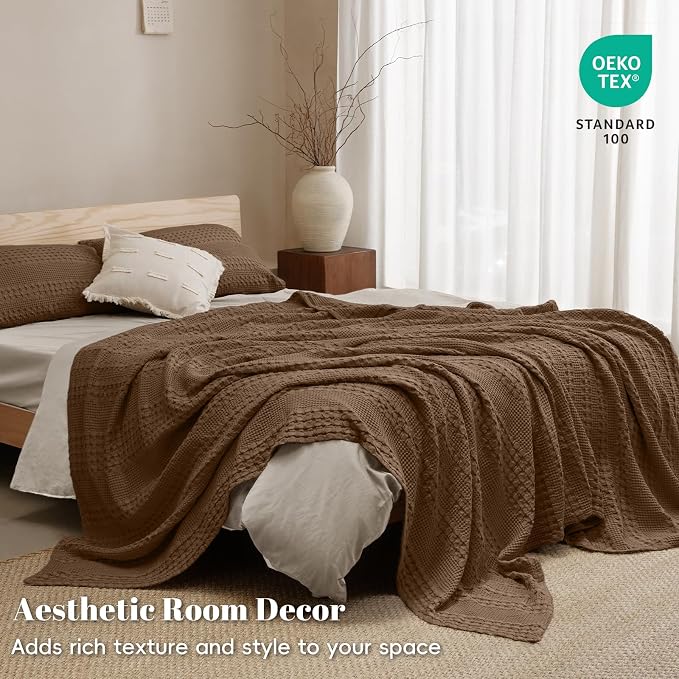 PHF 100% Cotton Waffle Weave Blanket King Size, Lightweight Breathable Summer Blanket for Hot Sleepers, Pre-Washed Soft Layer for Bed, Couch, Home Decor Gift, 108"x90", Chocolate