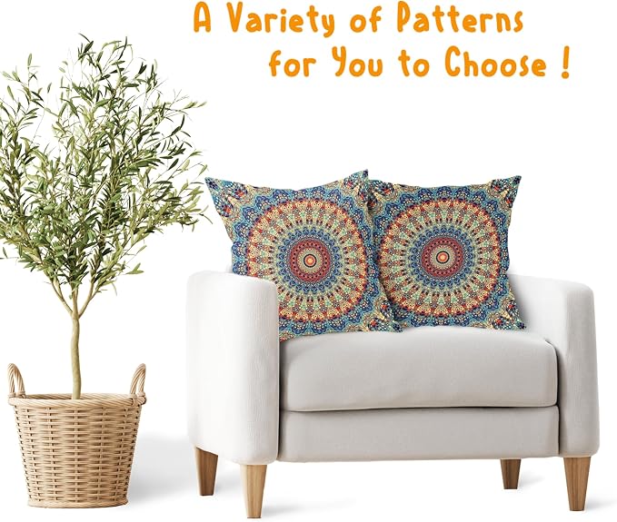 Boho Mandala Floral Pillow Covers 18X18 Inch Set of 2 Navy Blue Orange Abstract Flower Decorative Pillow Cases Colorful Retro Ethnic Cotton Linen Cushion Case Home Decor For Sofa Couch Porch Outdoor