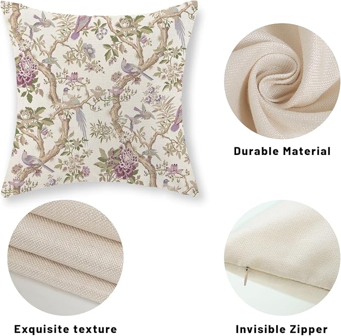 Chinoiserie Pillow Covers 22x22 Set of 2 Purple Green Floral Bird Throw Pillows Vintage Flowers Bird Decorative Pillow Cases Outdoor Chinoiserie Decor Farmhouse Cushion Case for Couch Sofa