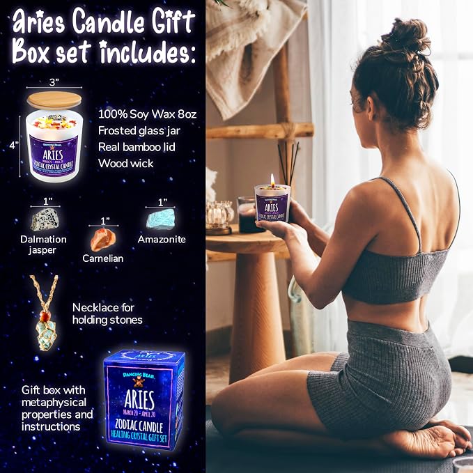 DANCING BEAR Aries Zodiac Candle Gift Box Set with 3 Healing Crystals & Stone Holder Necklace, 100% Soy Scented Wax, Crackling Wood Wick, 45 Hour Burn Time