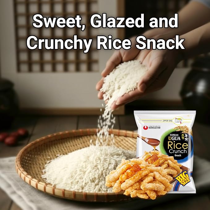 Nongshim Ugua Rice Crisps, Sweet Korean Snacks, Rice Crackers, 1 Pack | Korean rice snack with brown rice syrup glaze, crisp puffed texture, light honeyed sweetness