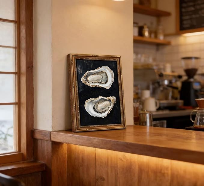 Vintage Gold Framed Oyster Wall Art Dark Moody Seafood Shell Shel Painting Canvas Print Black Background Seafood Still Life Picture Wall Decor Oyster Paintings Poster Artwor for Kitchen Dining