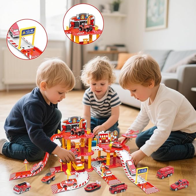 deAO Fire Station Toy Truck Car Race Tracks Vehicle Set Firefighting Playset Fire Station Pretend Play Toy with City Map Helicopter, Preschool Learning Educational Toys Birthday Gifts for Boys Girls