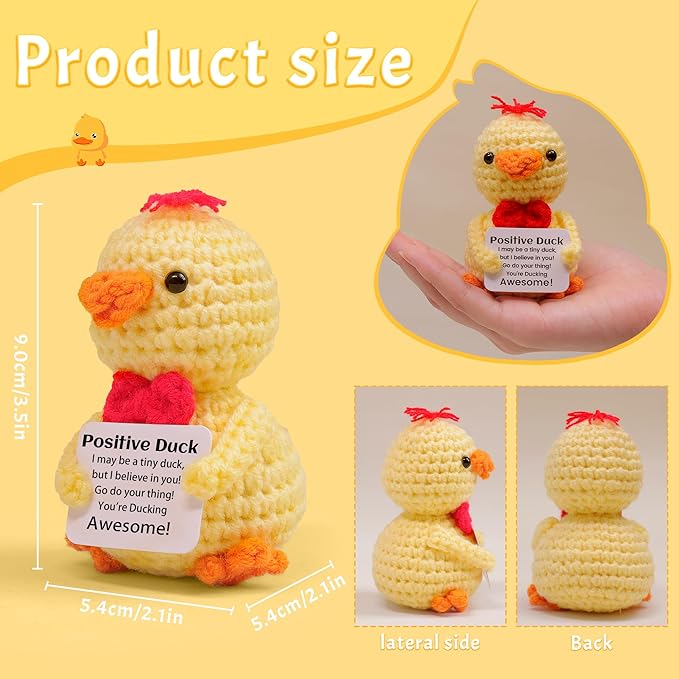 Mini Funny Positive Duck, Knitted Wool Duck Toy with Positive Card - Creative Cute Crochet Doll Emotional Support Cheer Up Keepsake Gift for Friends, Student, Christmas