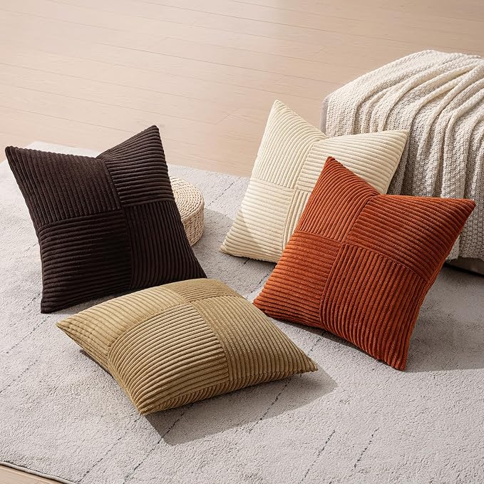 MIULEE Brown Beige Throw Pillow Covers 20x20 Inch Set of 4 Boho Farmhouse Cushion Cases for Livingroom Couch Bed Soft Corduroy Pillow Cases with Invisible Zipper Home Decor