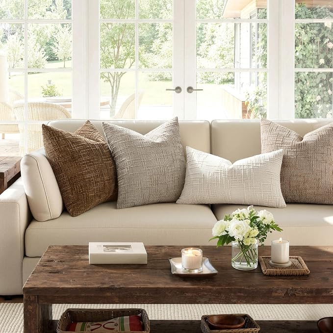 MIULEE Chenille Textured Throw Pillow Covers Light Brown 20x20 Set of 2 | Slubby Decorative Pillows, Boho Farmhouse Home Decor, Modern Neutral Cushion Covers for Couch Sofa Bed Living Room