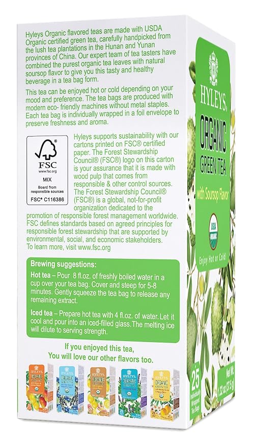 HYLEYS Organic Green Tea with Soursop Flavor, 25 Individually Wrapped Tea Bags - USDA Organic Graviola Guanabana Tea with Light Caffeine