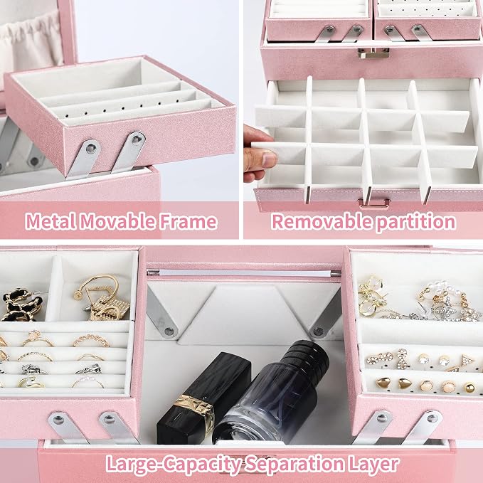 Jewelry Boxes for Women Girls, Jewelry Storage Organizer, 4 Layers Large Jewelry Organizer Box with 2 Drawers for Friends, Wife or Mother Gift (Pink)
