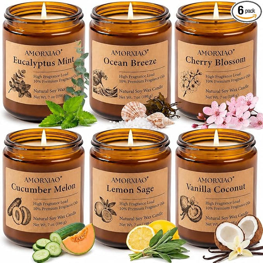 6 Pack Scented Candles for Home Scented: Soy Candles for Women Men, 42oz 300H Burning Aromatherapy Candle Set, Jar Candle Gift Set for Birthday, Scents of Eucalyptus/Sage/Cherry/Ocean/Melon/Vanilla
