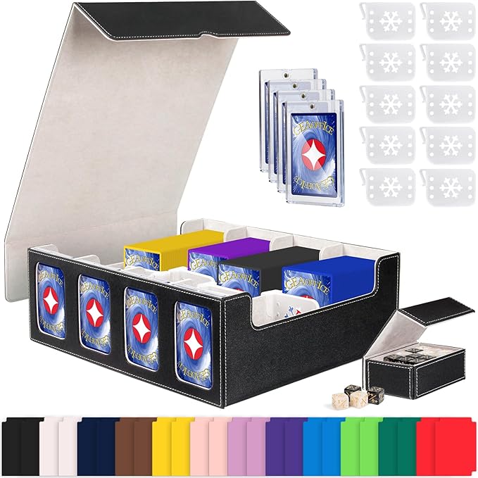 GEAoffice Trading Card Storage Box with Commander Display, 3200+ Card Deck Case with Magnetic Removable Lid, 4-Row Deck Box for MTG/TCG/Sports/Games, 10 Stoppers, 24 Dividers, 1 Dice Tray, Black Grey