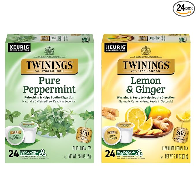 Twinings Pure Peppermint Herbal Tea K-Cups for Keurig, 24 Count (Pack of 1) + Lemon & Ginger Herbal Tea K-Cups for Keurig, 24 Count (Pack of 1)
