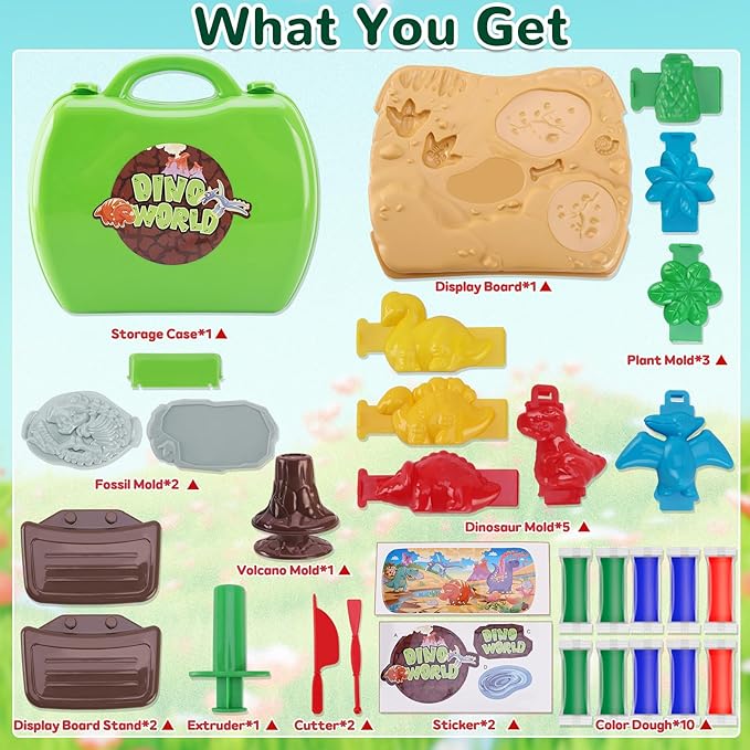 Crelloci Dinosaur Color Dough Toys, 37 PCS Dino Theme Color Tools and Molds Accessories for Boys Girls Christmas Halloween Party Gift