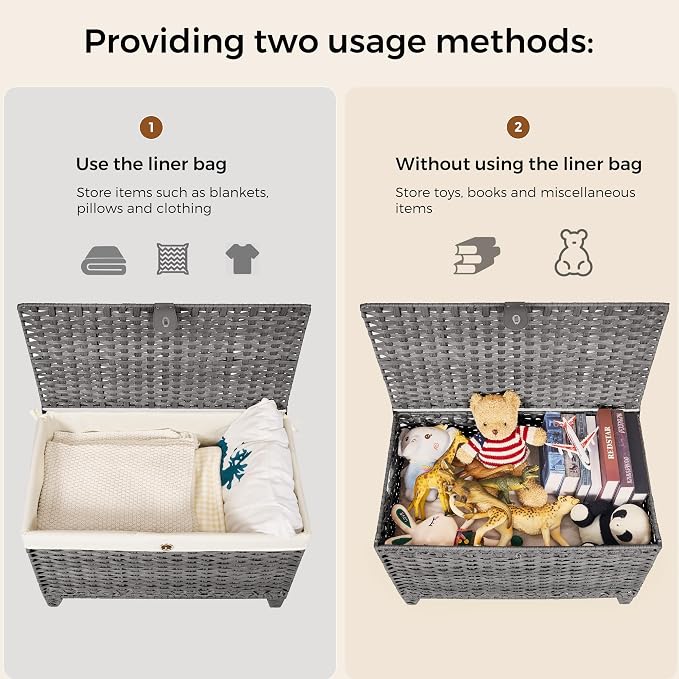 Wicker Storage Basket with Lid, 200L Storage Bin with Removable Liner Bag | Rattan-Inspired Shelf Basket Design, Storage Trunk with Heightened Feet, Wardrobe Storage Container & Home Organizer