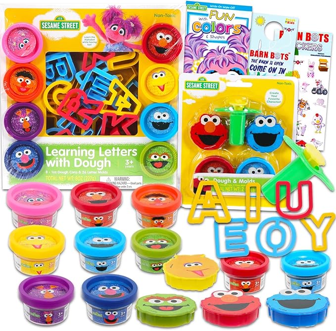 Sesame Street Dough Play Set - 39 Pc Bundle of Moldable Dough Tubs, Tools, Write-and-Wipe Book, More | Alphabet Activities for Kids | Styles May Vary