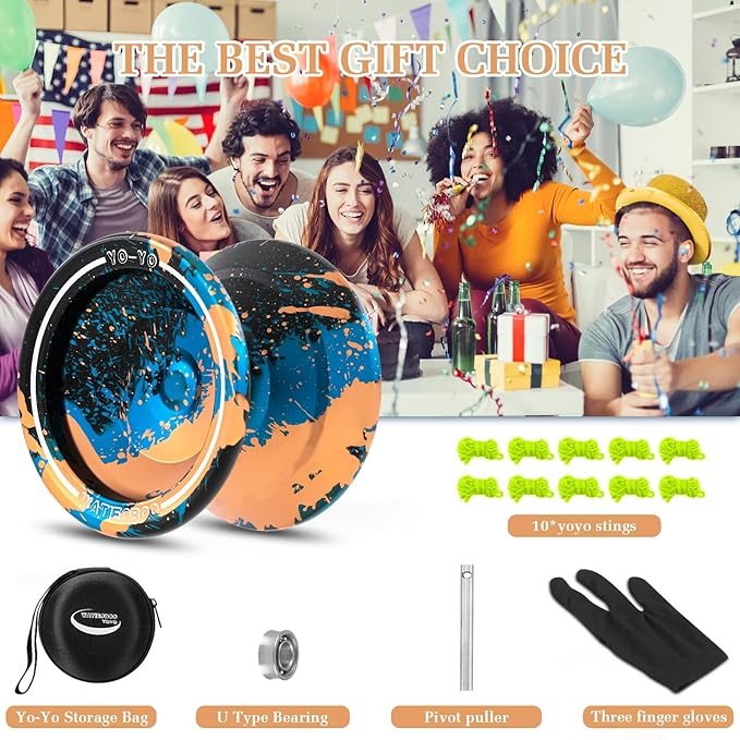WATIEOBOO Yoyo Responsive Yoyo for Kids 8-12,Professional Unresponsive Yoyo for Adults Pro Metal Trick Yoyo with Yo Yo Bearing Kit 10 Strings, Case & Gloves (Black Blue Orange)