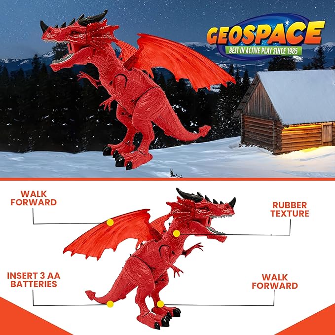 Geospace New Dragon Walking Dinosaur Toy – Smoke Breathing Fire Dragon Toy for Kids 3 & up, Walking Dinosaur Toys with Lights, Roaring Sound, Dragons Action Figure, Dragons for Gift (Firestorm)