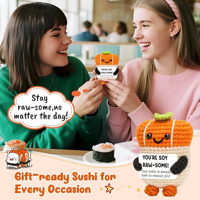 Mini Inspirational Gifts-Handmade Emotional Positive Crochet Sushi for Women, Men, Friend, Coworker- Encouragement, Cheer Up, Stress Relief, Birthday, Christmas Stocking Stuffe, White Elephant Ideas
