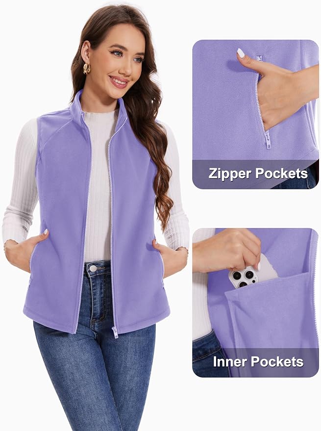 MAGCOMSEN Women's Fleece Vest with Zipper Pockets Zip Up Sleeveless Jackets Lightweight Soft Warm Polar Vest Outerwear