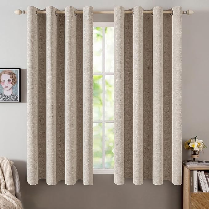 MIULEE Linen Textured Curtains for Bedroom Solid 100% Blackout Thermal Insulated Taupe Grommet Room Darkening Curtains & Drapes Luxury Decor for Living Room 52 x 63 Inch (2 Panels)