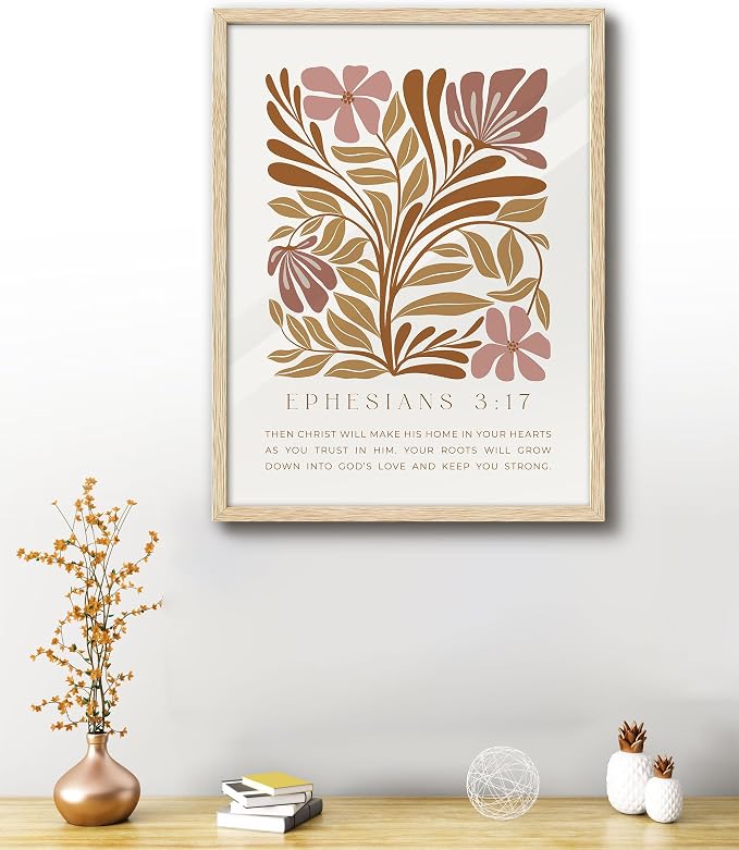 EcoHest 16x20 in Ephesians 3:17 Abstract Floral Framed Christian Wall Art | Solid Oak Wood Frame with Canvas Wall Art, Scripture Bible Verse Wall Decor for Bedroom, Living Room, Office, Church, 1Pack