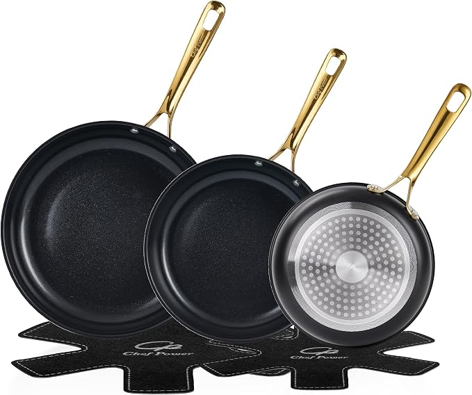 Chef Power Ceramic Frying Pan with Stainless Steel handle 5Pcs Set, Non-toxic Non Stick Grill Pan Set, Induction, Dishwasher and Oven Safe, Stone Black & Light Gold Handle, 8'', 9'', 11'' Skillet