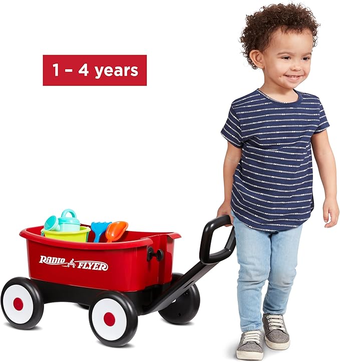 Radio Flyer Push & Pull Walker Wagon with Garden Tools, Red, for Kids 1-4 Years Old, Locking Handle for Stability, Baby Push Walker Converts to Pull Wagon, for Indoor & Outdoor Play