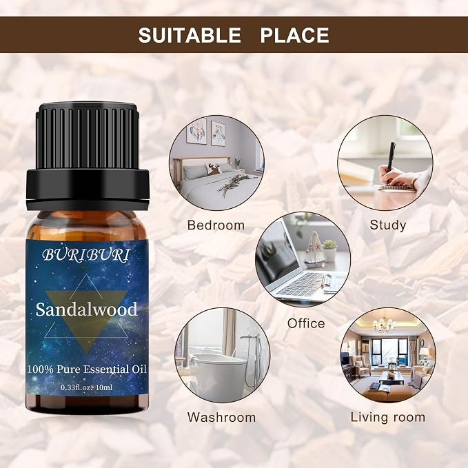 BURIBURI Sandalwood Essential Oils for Diffuser, Skin, Hair, 100% Pure, Fragrance Oil for Candle Soap Perfume Making, Natural, Organic Aromatherapy Sandalwood Oils 10ML