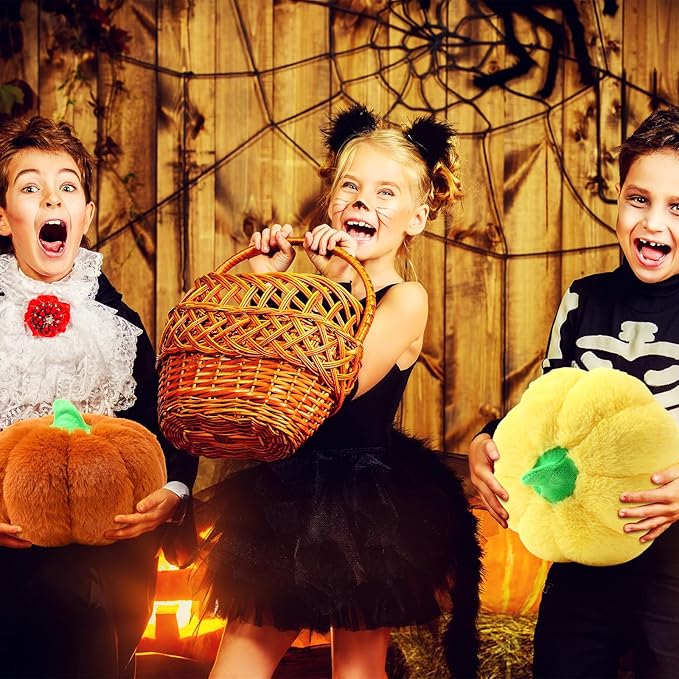 4 Pcs Pumpkin Pillows Fall Halloween Pumpkin Stuffed Animals Rabbit Hair Plush Toys Fluffy Thanksgiving Decor Throw Pillows Gifts for Kids for Home Bedroom Sofa Couch(Yellow,Brown)
