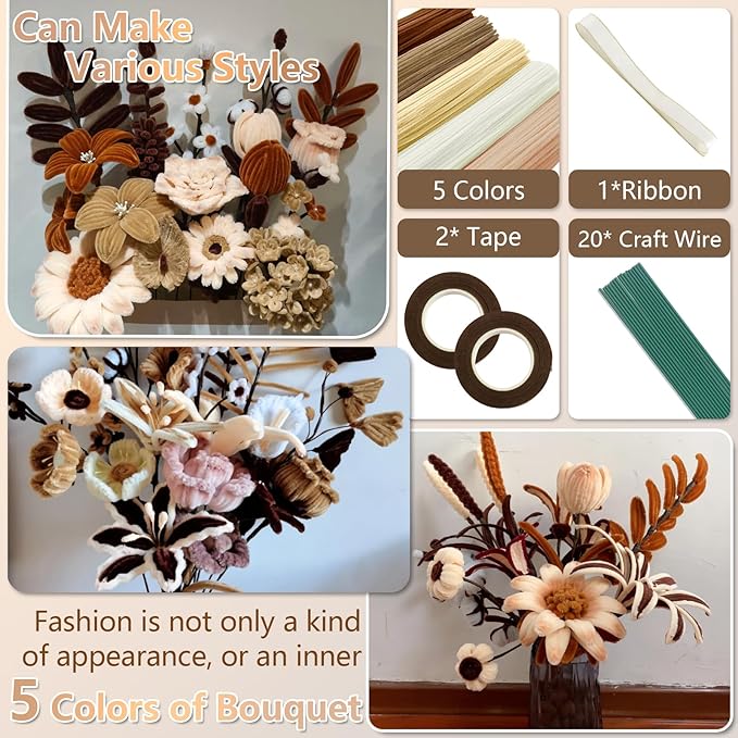 400 Pcs Pipe Cleaners Craft,5 Assorted Colors Pipe Cleaners Bulk, Chenille Stems for DIY Flower Making Kit with Floral Wires, Gardening Tape,Stamen& Ribbon (Brown)