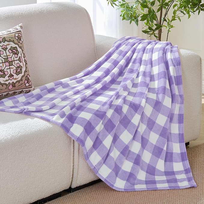 BEDELITE Plaid Fleece Throw Blanket, Purple & White Buffalo 50x60 Throw | 100% Polyester Microfibe, Soft Cozy, Lightweight Warm, Classic Buffalo Plaid, Room Decor, Gift for Women Girls, for Couch Bed