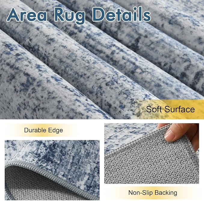 4x6 Ft Area Rugs for Living Room, Soft Non-Slip Washable Rugs Modern Abstract Pattern Carpet for Bedroom Indoor Floor Nursery Home Decor (Blue)