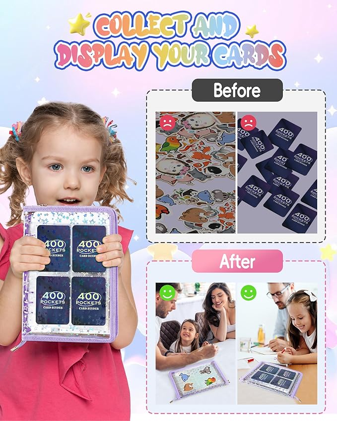 4 Pocket Card Binder with 20 Stickers, A5 Kpop Photocard Binder for 400 Cards, Trading Card Binder, Card Collection Binder, Cute Mini Card Binder for Gifts (Purple)