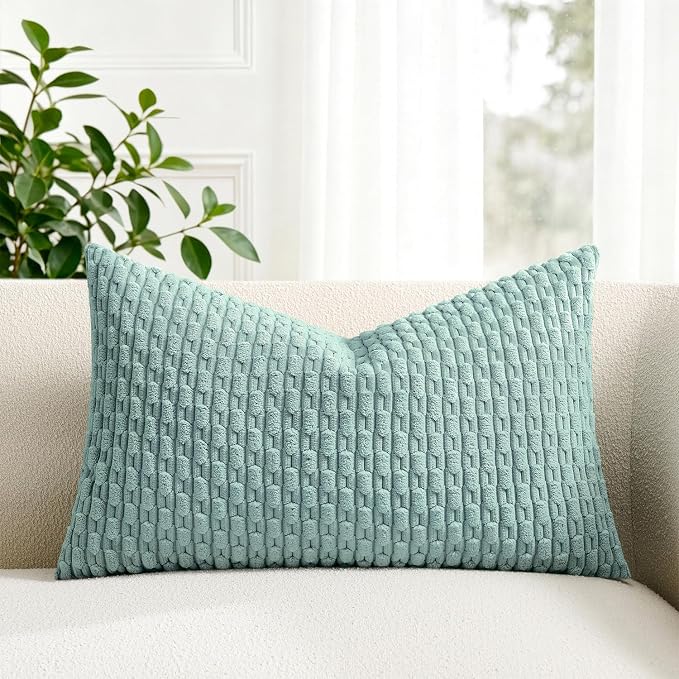 Kevin Textile Soft Corduroy 14"x24" Lumbar Pillow Cover 1 Pack, Dusty Green | Boho Stripe Plush Corduroy Decorative Oblong Cushion Cover Modern Farmhouse Home Decor for Sofa Couch Bed Chair