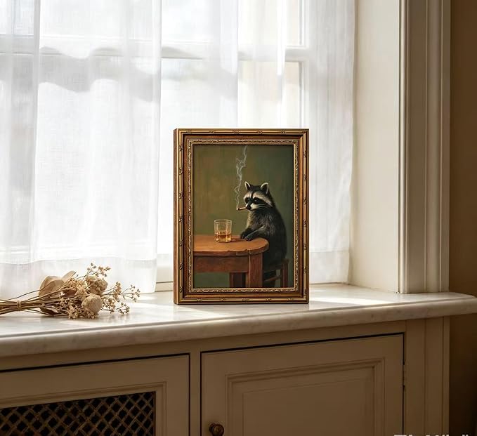 Vintage Gold Framed Smoking Raccoon Wall Art,Moody Dark Funny Animal Whiskey Cigar Canvas Print,Humor Funny Raccoon Wall Decor,Retro Bar Cart Poster Artwork,for Study Living Office Bar Decor