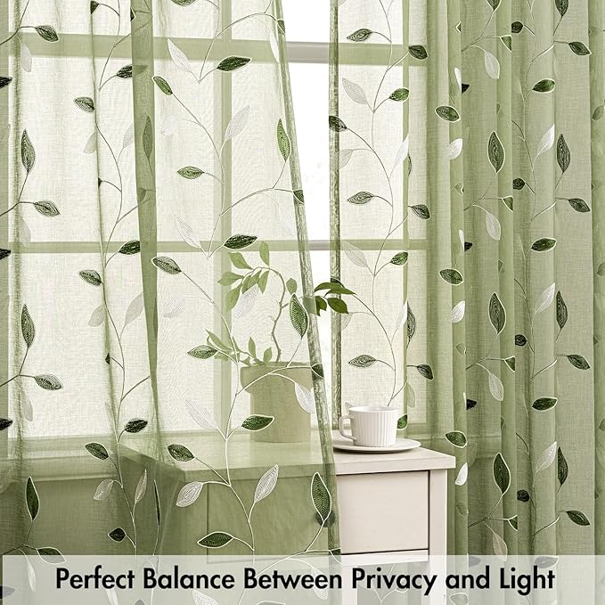 MIULEE Sage Green Sheer Curtains 2 Panels Embroidered Leaf Patterned Rod Pocket Floral Semi Sheer Faux Linen Short Window Curtains Drapes Set for Kitchen Bathroom Cafe, 30x24 Inches Length