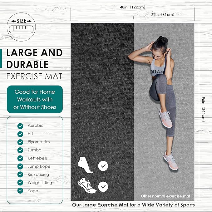 Large Exercise Mat, 8' x 6'/8' x 4'/6' x 4' Extra Durable Workout Mats for Home Gym Flooring, High-Density Gym Mats Cardio Mat for Jump Rope, MMA, Stretch, HIIT, Shoe-Friendly, Non-Slip, Non-Toxic