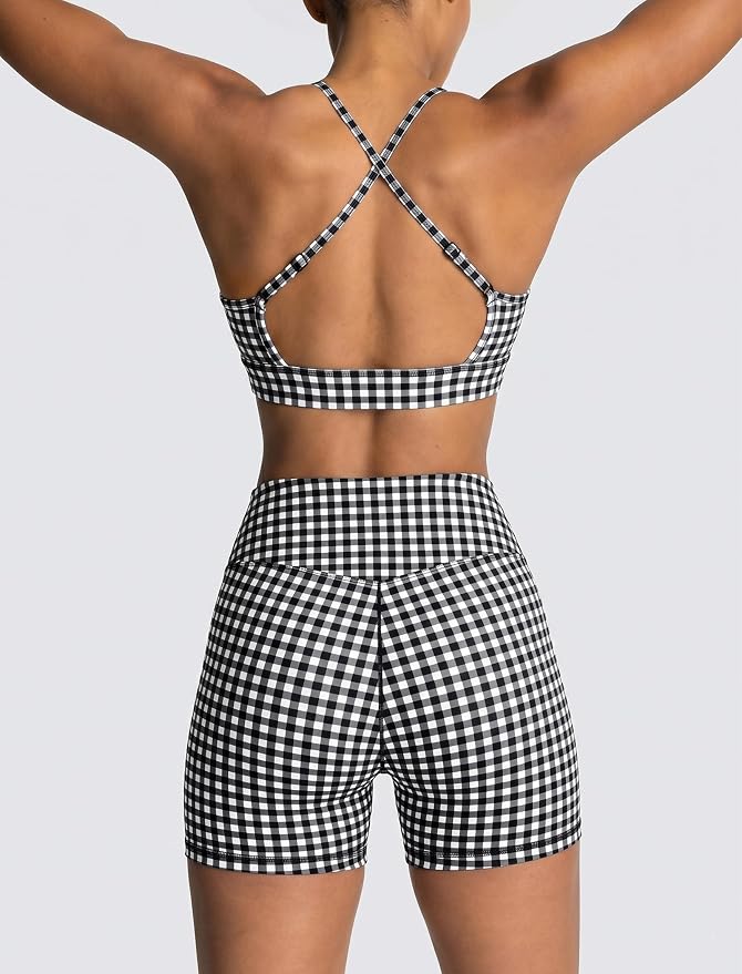 ABOCIW Workout Sets for Women 2 Piece Color Block Strappy Sports Bra High Waist Shorts Gym Yoga Pilates Outfits