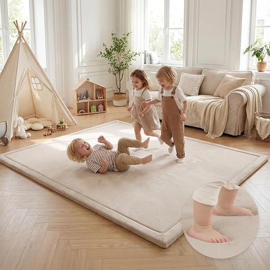 Large 79"x110" Baby Activity Play Mat for Floor,1.3" Thick Elasti Foam Cushion Mat for Tummy Time & Crawling,Non-Slip&Safe for Infants,Toddlers & Kids, for Living Room,Classroom & Playroom（Beige)