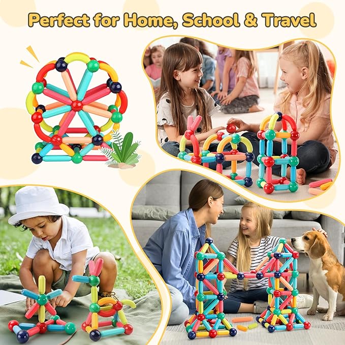 64PCS Magnetic Building Blocks - Montessori Sensory Toys with Stronger Magnets, STEM Learning Toys for Kids, Creative Construction DIY Kit Gift for Boys & Girls