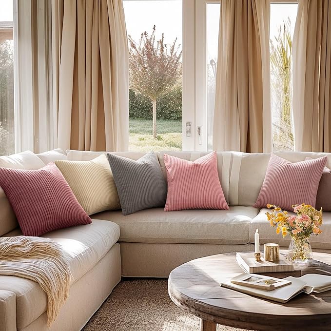 MIULEE Decorative Corduroy Throw Pillow Covers Set of 2 20x20 Beige | Soft Striped Textured Cushion Cases, Boho Square Pillowcases Neutral Home Decor, for Couch Chair Sofa Bed Living Room
