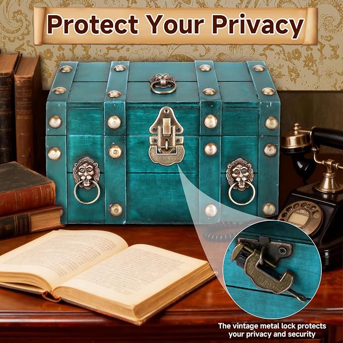 Large Vintage Wooden Treasure Chest Antique Box with Metal Lock | Wood Jewelry Box Storage Decorative Boxes Handmade Rectangle Organizer for Women Ring Necklace Earring Coins Collectibles
